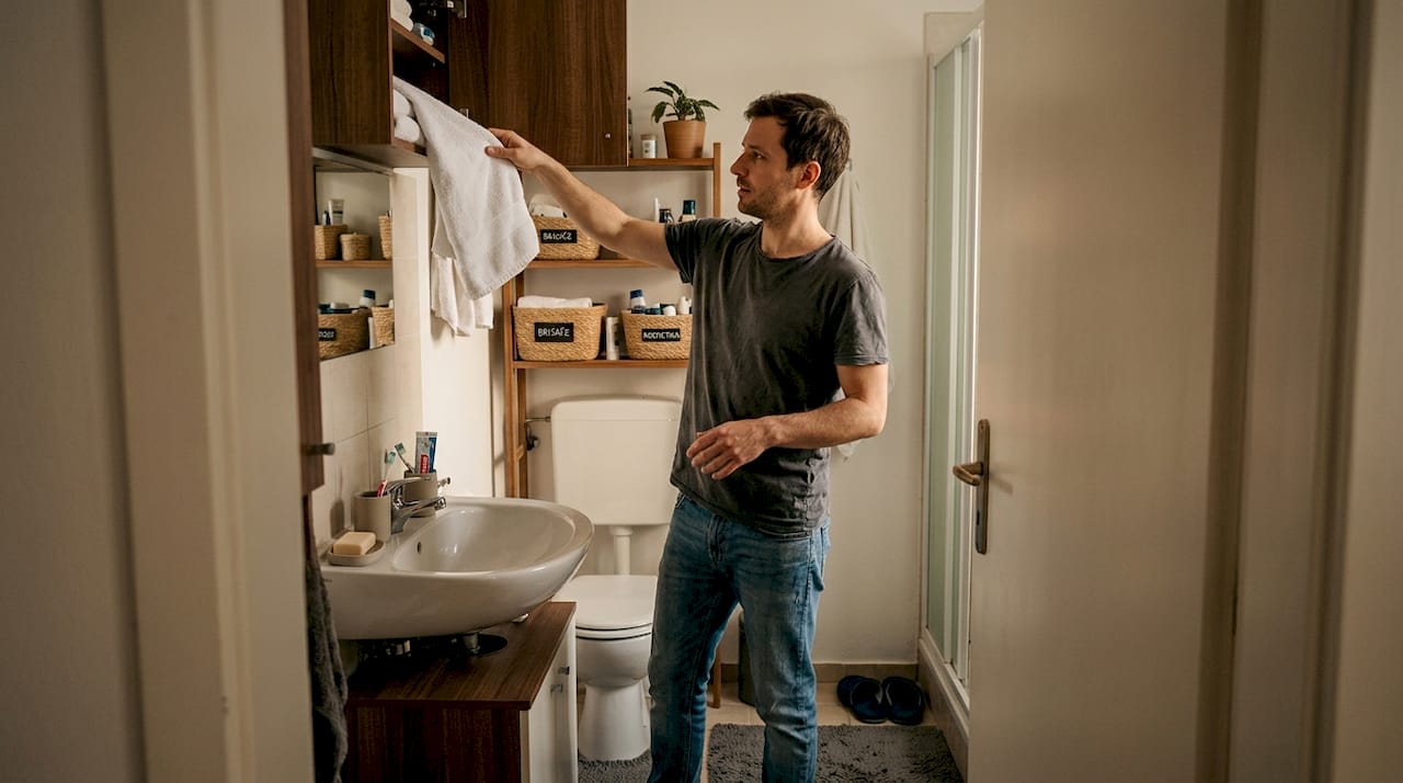 Moški v majhni kopalnici išče stvari v omarici za shranjevanje.