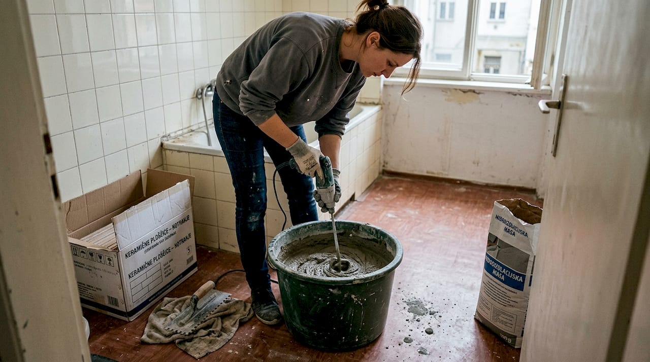 Ženska v kopalnici pripravlja maso za hidroizolacijo.