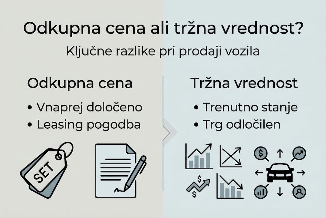 Pregled ključnih razlik med odkupno in tržno vrednostjo avtomobila v obliki infografike