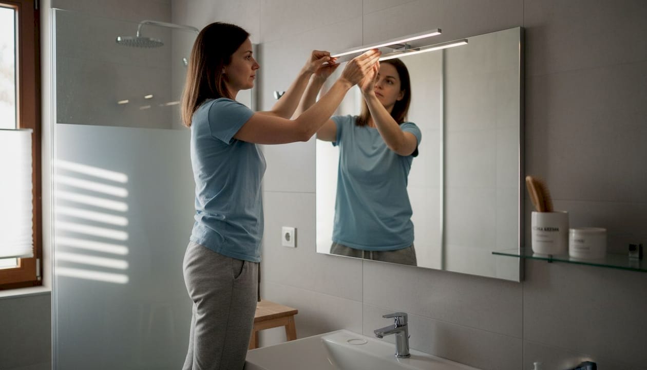 Ženska namešča novo LED luč v kopalnici.