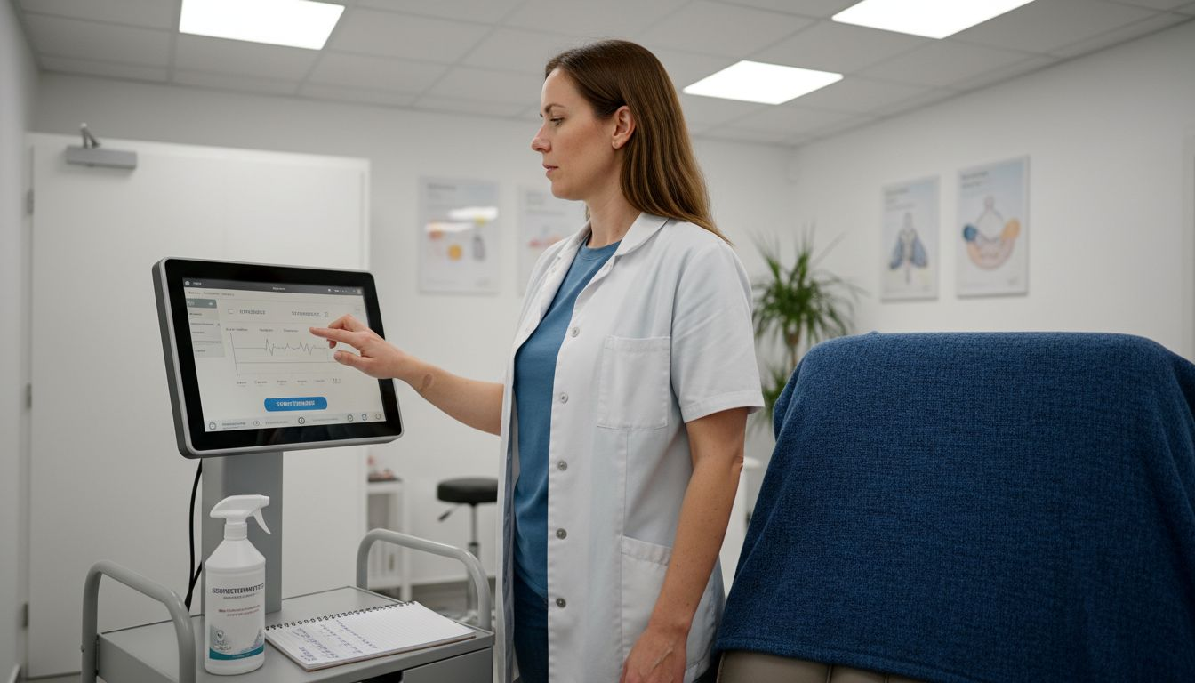 Ein Techniker bedient das Touchdisplay eines PEMF-Geräts.