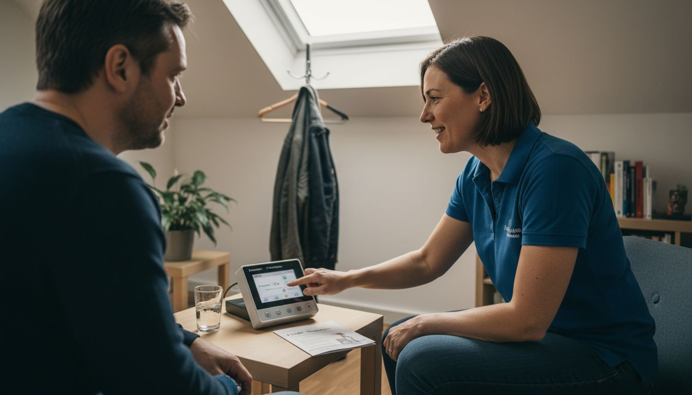 Eine Therapeutin führt einem Kunden anschaulich vor, wie das PEMF-Gerät funktioniert.