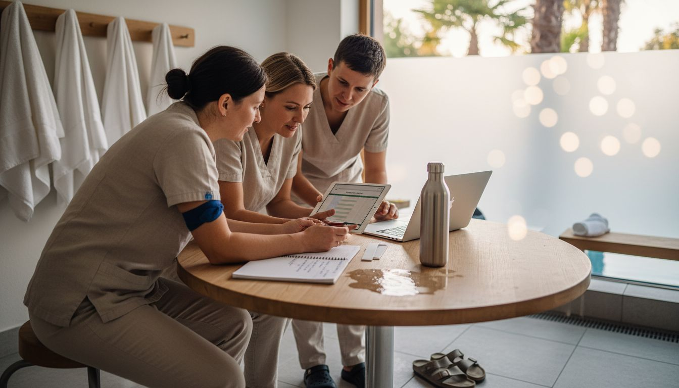 Das Team tauscht sich im Personalraum des Spas über neue Technologien aus.