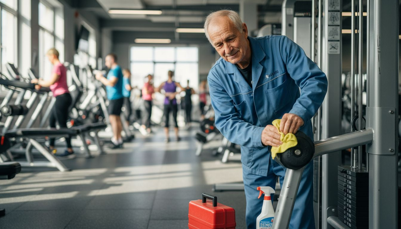 Hausmeister sorgt für die Wartung und Pflege der Geräte im Fitnessstudio