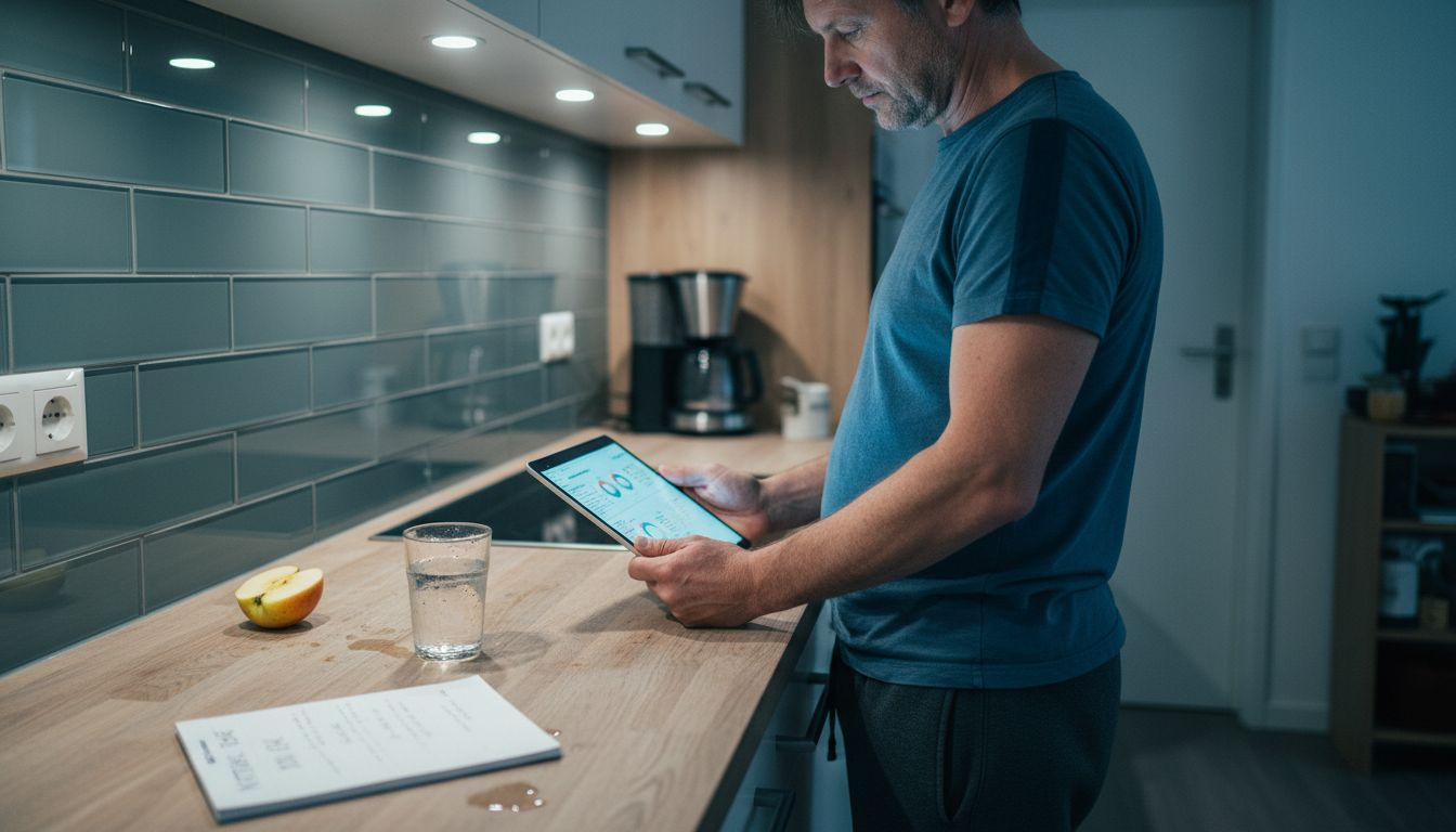 Ein Mann überprüft zu Hause seine Gesundheitsdaten auf dem Tablet.