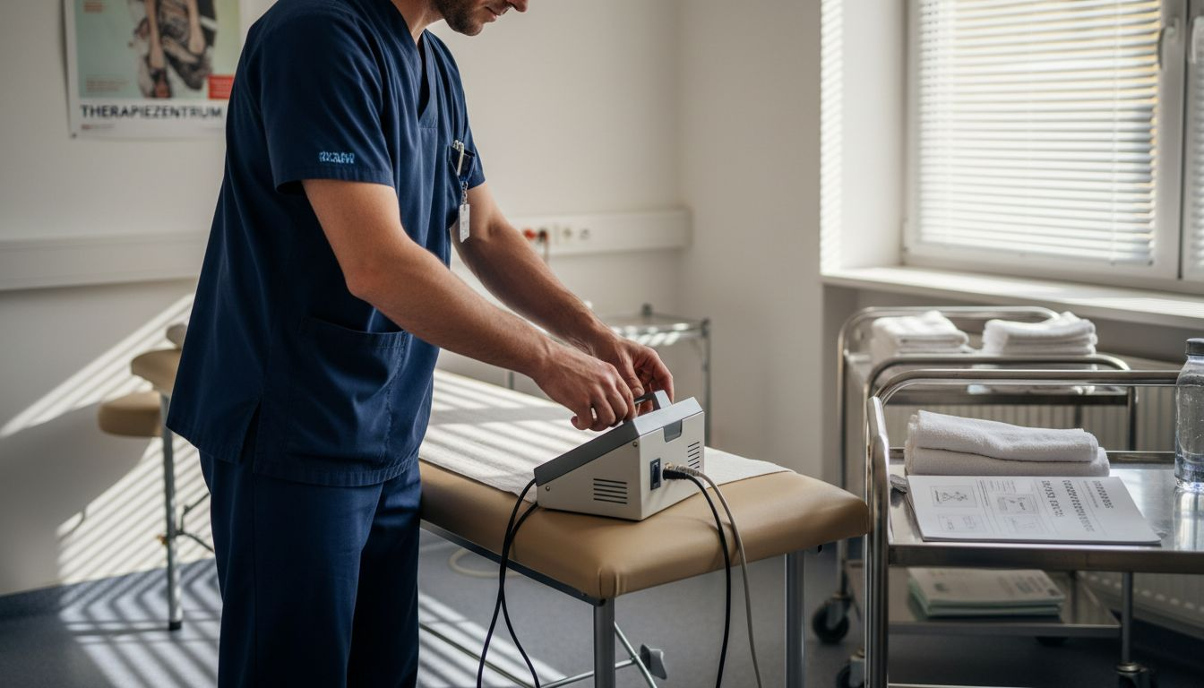 Ein Techniker richtet das moderne Therapiegerät im Behandlungsraum fachgerecht ein.