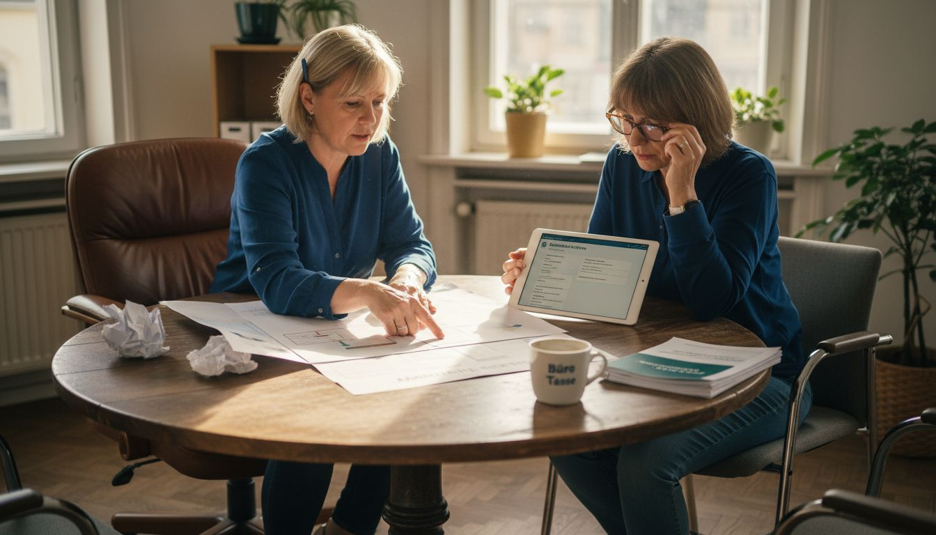 Mitarbeiter tauschen sich über die Einführung von Gesundheitstechnologien aus.