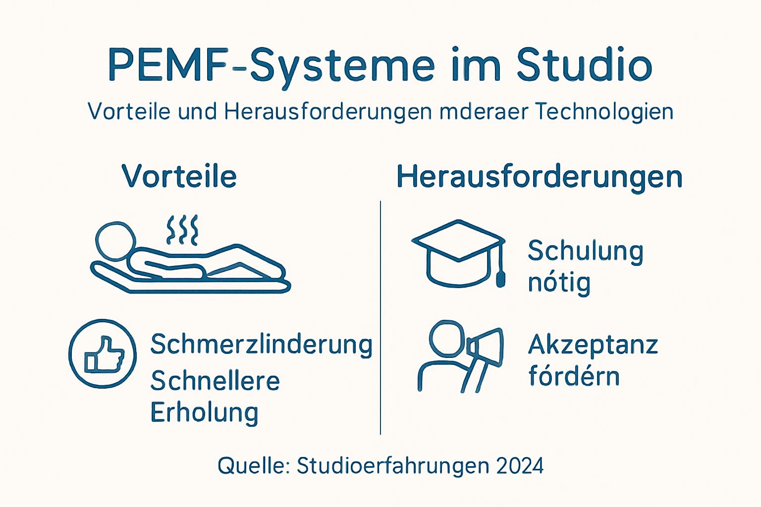 Infografik: Die wichtigsten Vorteile und Herausforderungen der PEMF-Therapie auf einen Blick