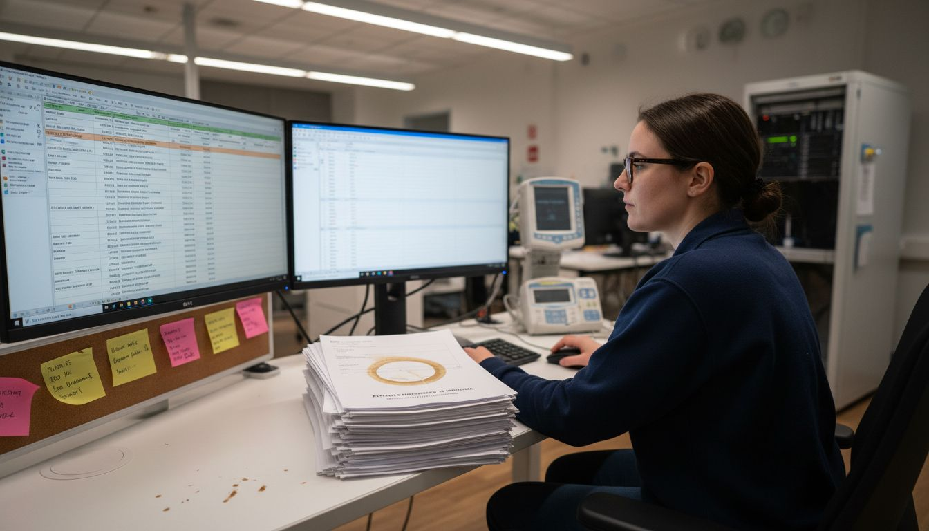 Data analyst reviewing hospital dashboard spreadsheets