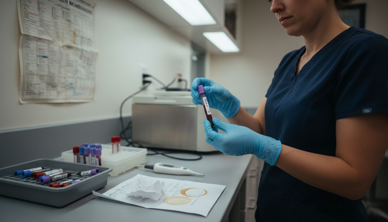 Nurse labeling blood vials in clinic lab