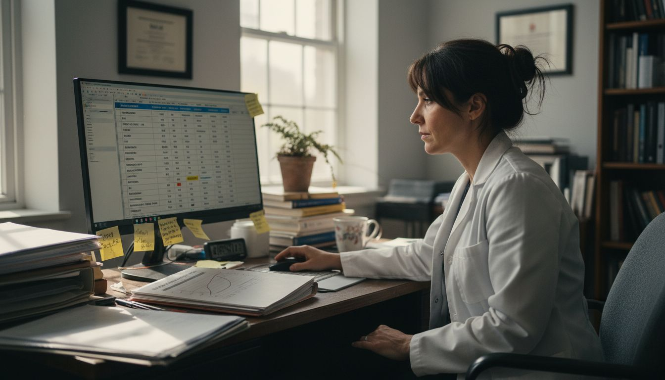 Doctor reviews blood test results at desk