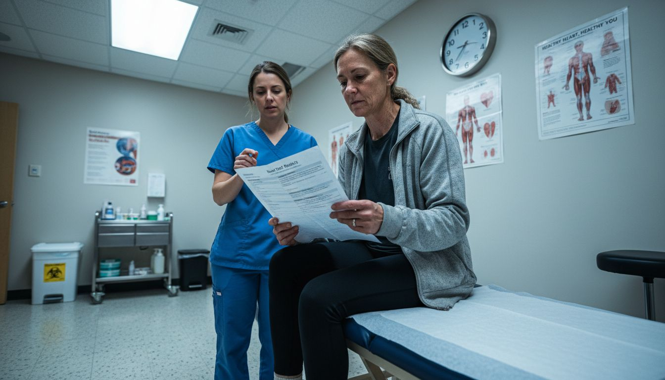 Athlete checks lab results with nurse