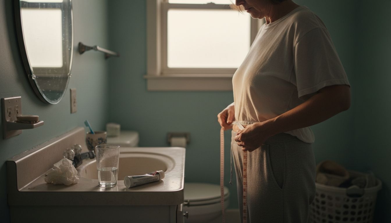 Woman measures waist in home bathroom