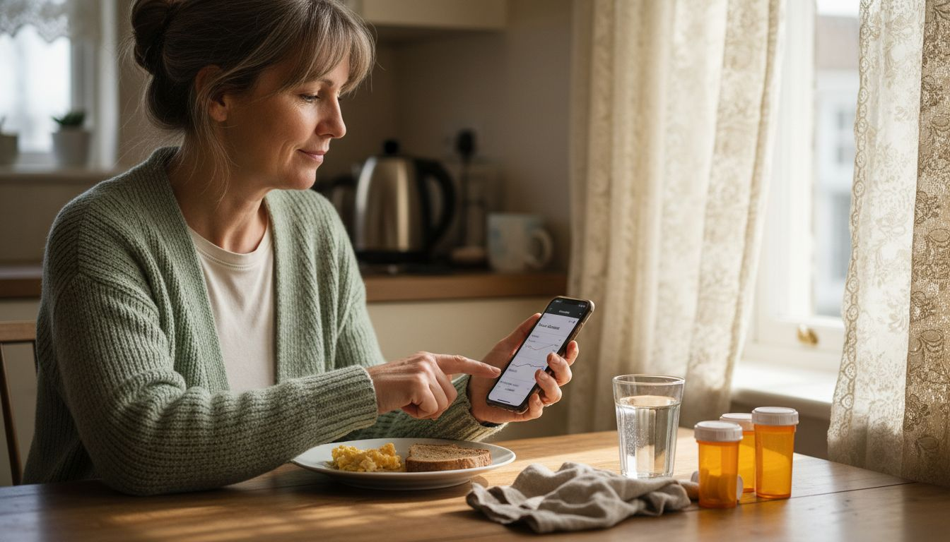Woman enters glucose data at kitchen table