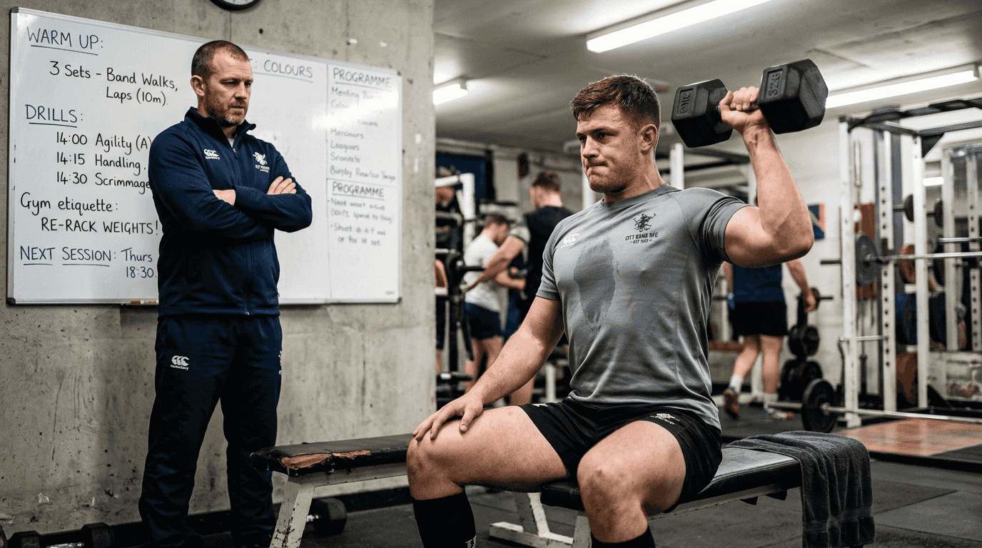 Athlete doing dumbbell press with coach observing