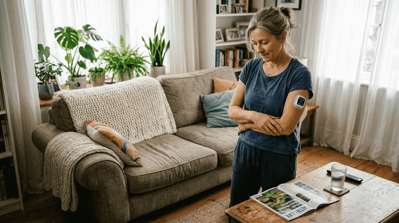 Woman with heart monitor checks data in living room