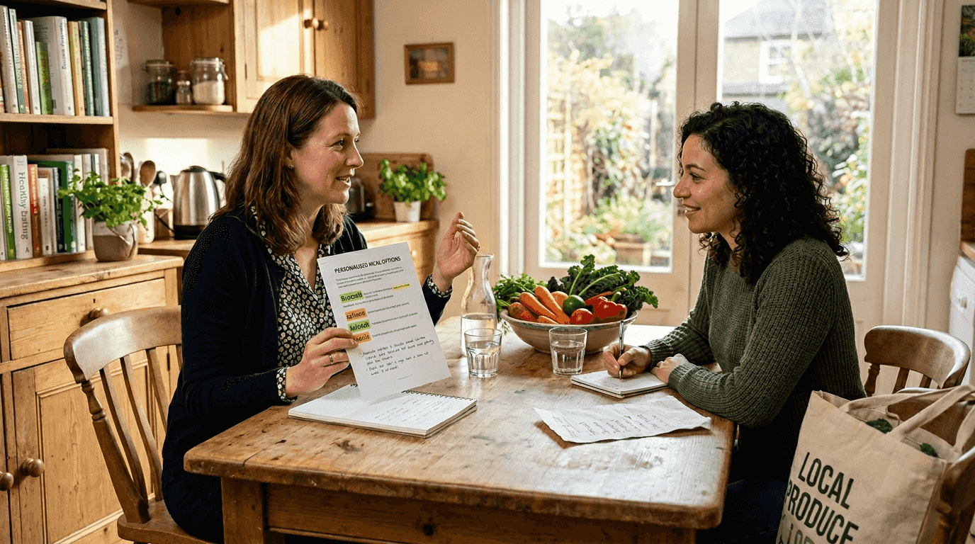 Nutritionist reviews meal plan with client