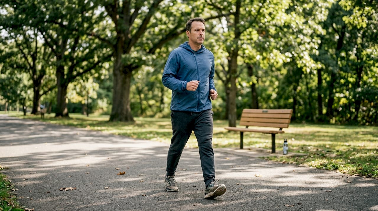 Man walking briskly in community park