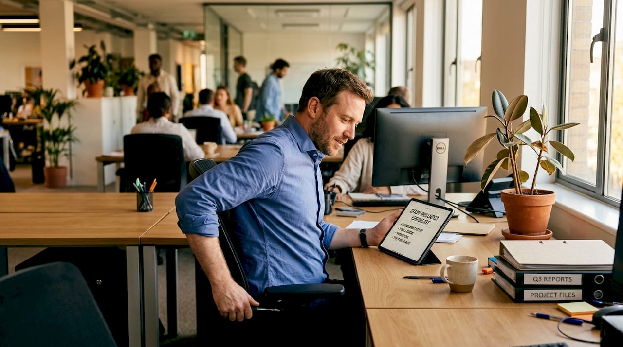 Employee adjusting chair for ergonomic assessment