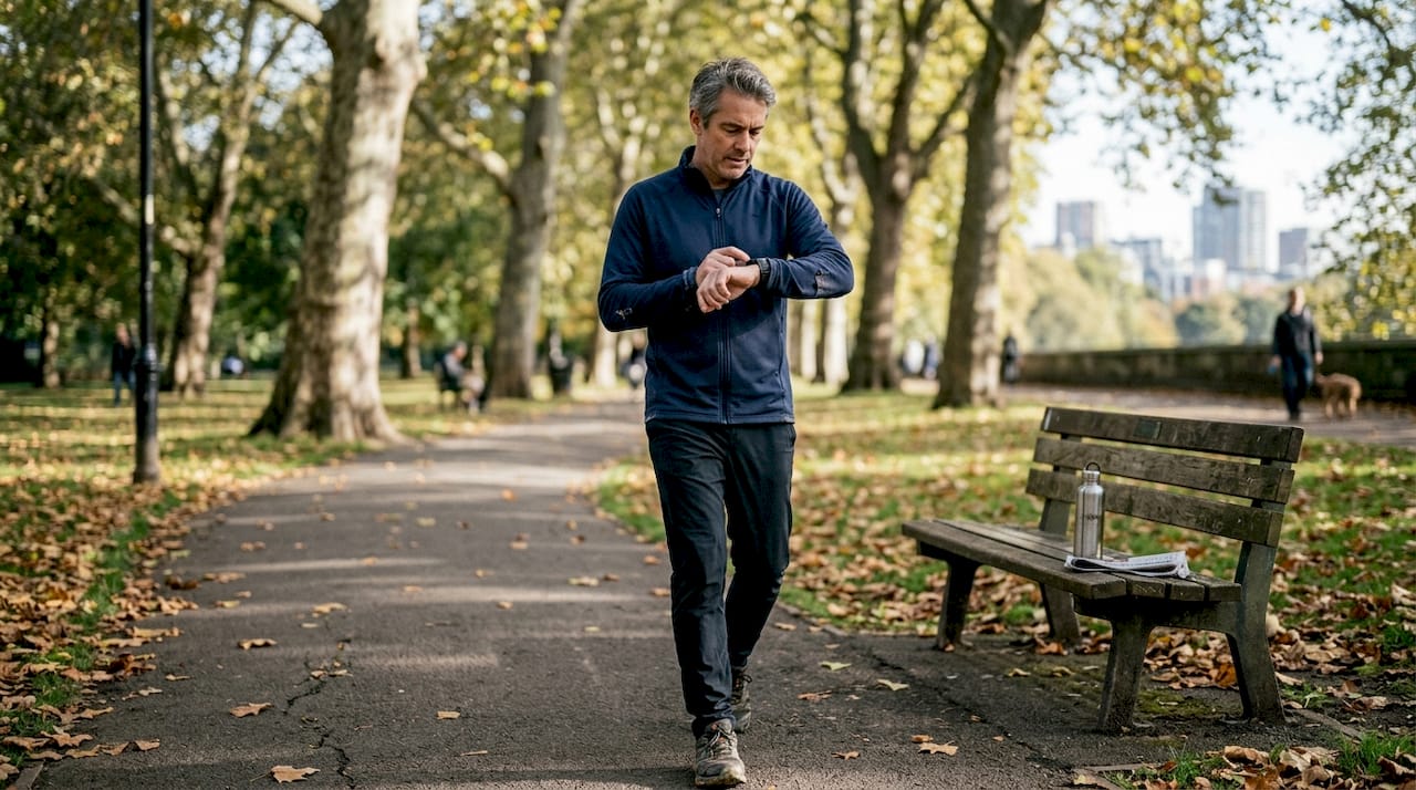Man checking wearable health device in park