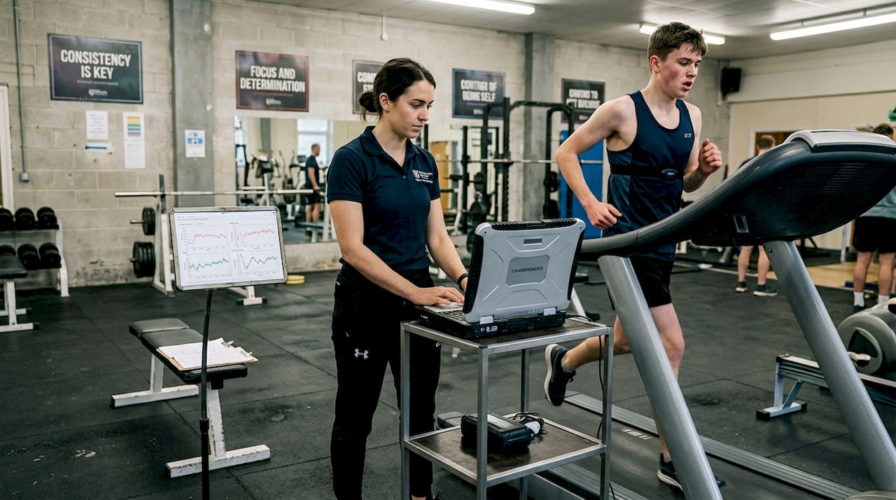 Scientist tracking athlete sensor data in gym