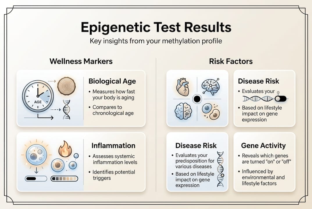 Infographic summarizing epigenetic test result categories