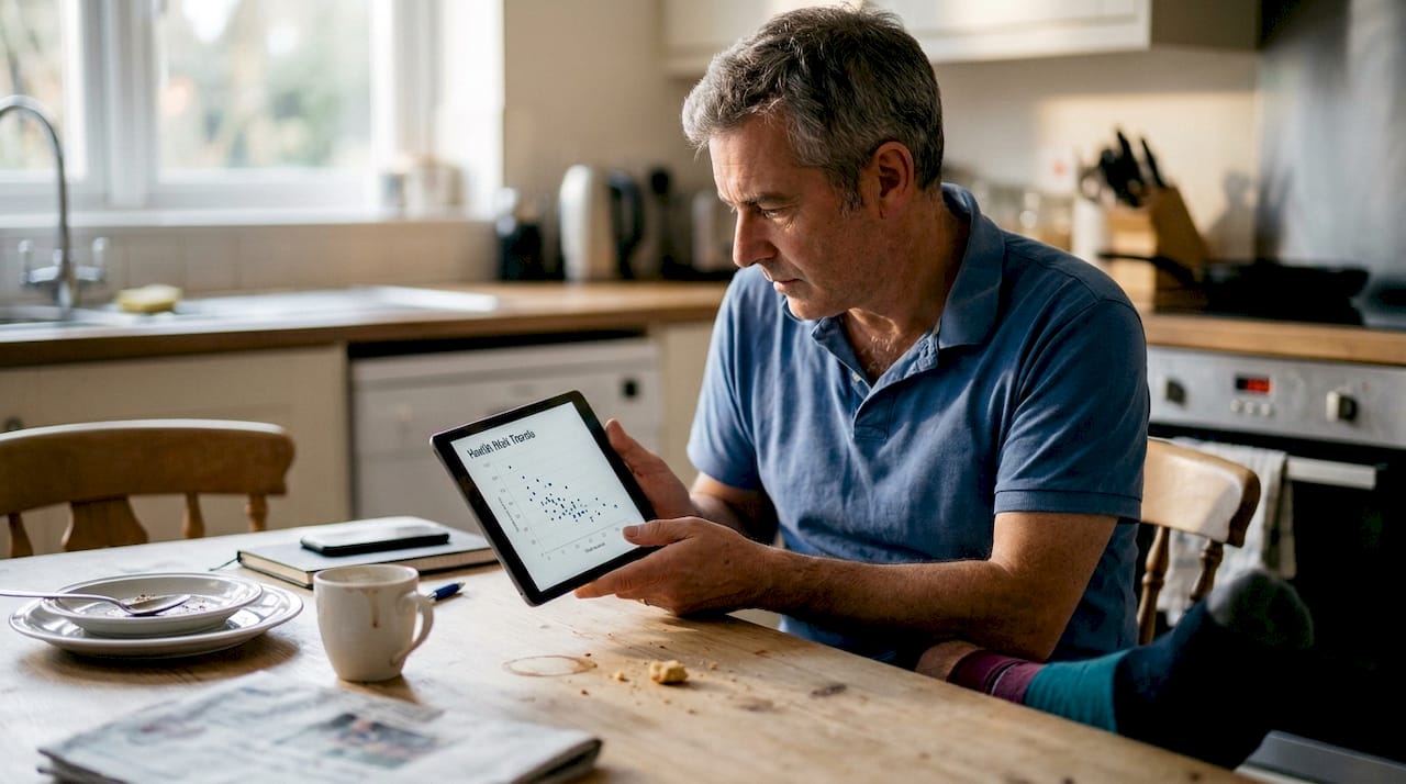 Man analyzing health trends on tablet at kitchen table