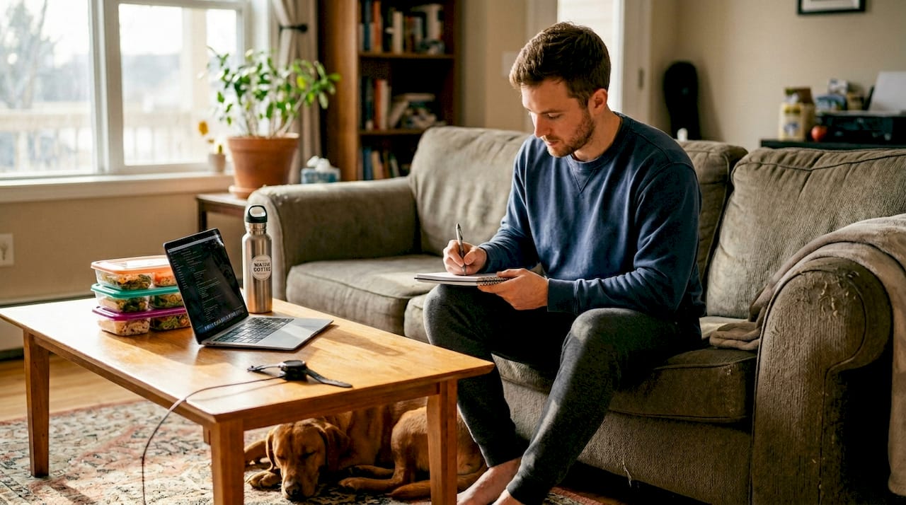 Man updating fitness journal in living room