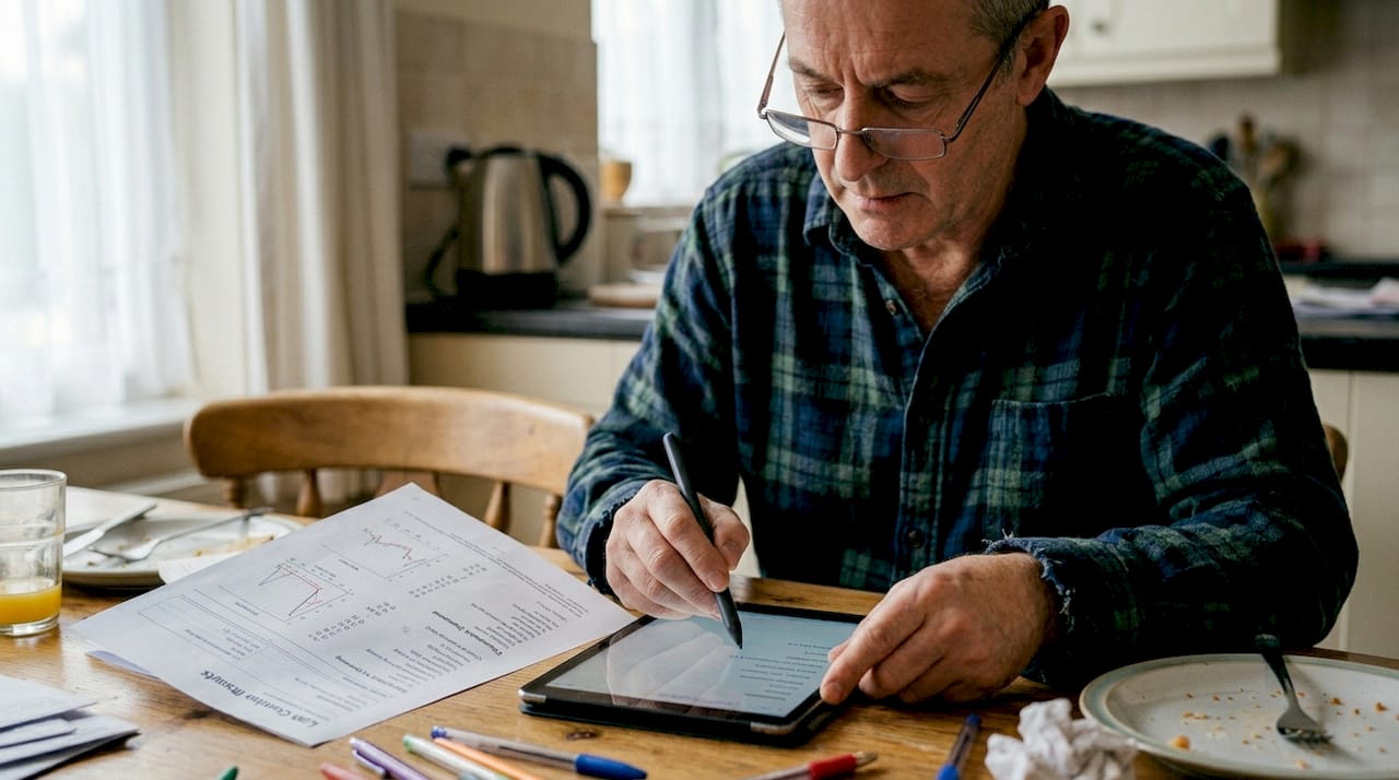 Man tracking biomarkers on tablet at kitchen table