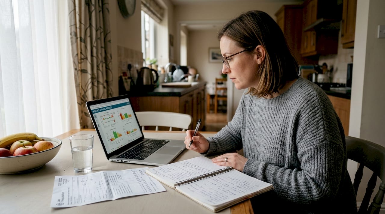 Woman reviewing health data at kitchen table