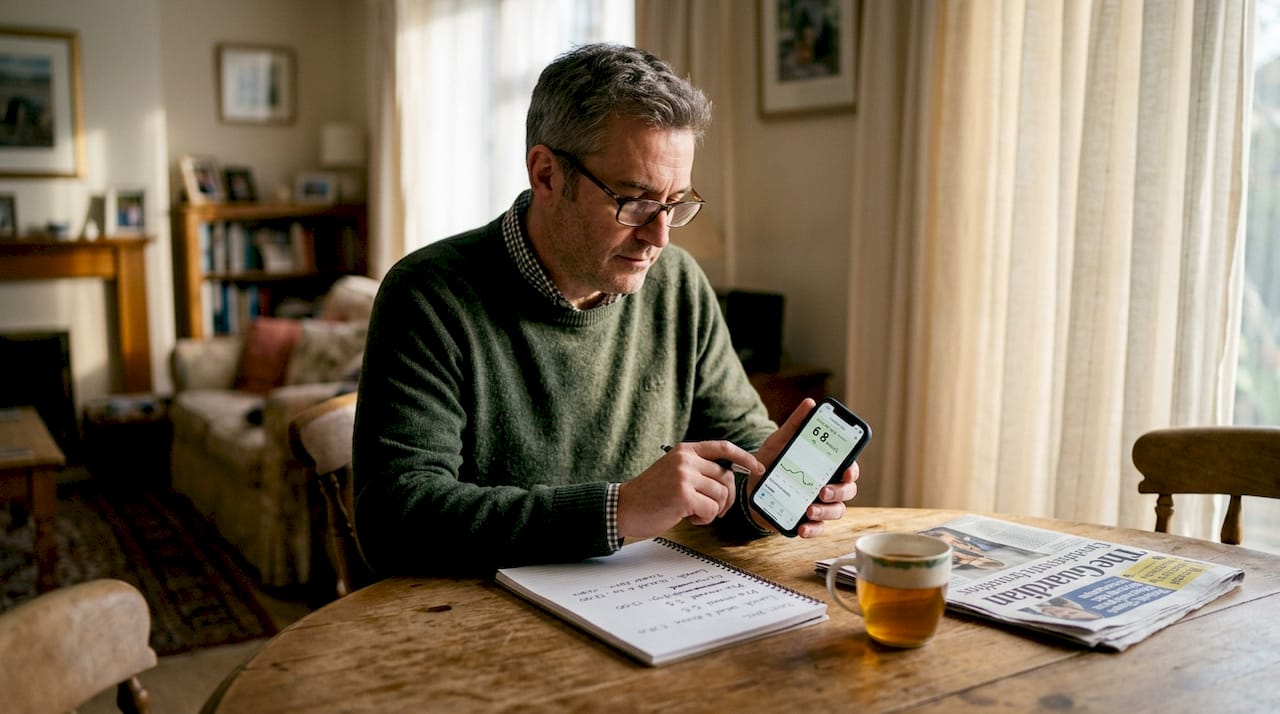 Man reviewing CGM data at dining table