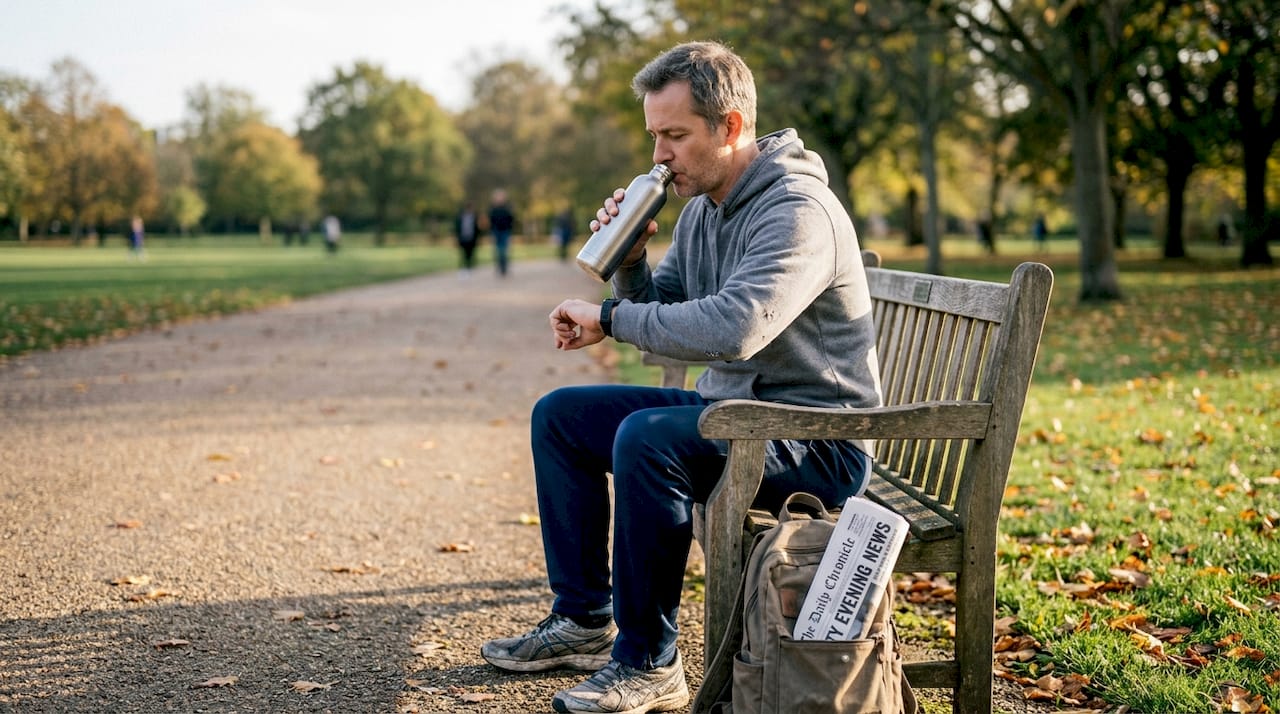 Man checking health stats on park bench