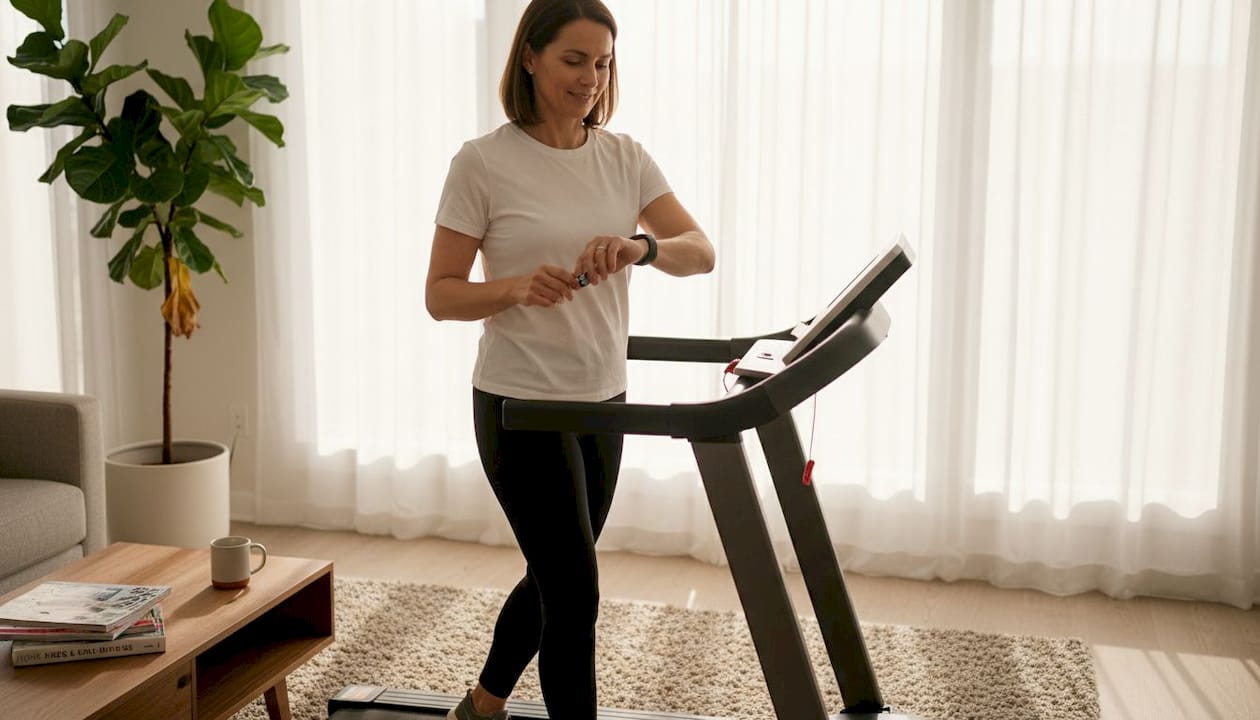 Woman tracking fitness on home treadmill