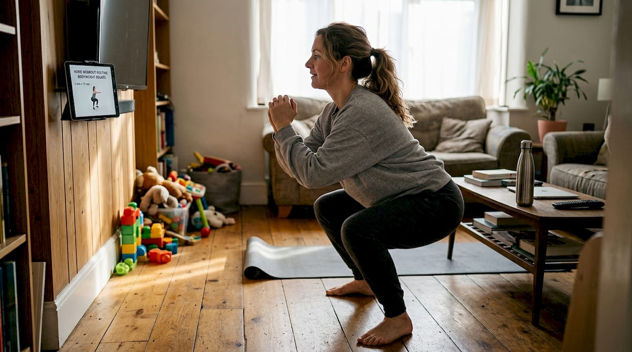 Woman exercises in bright lived-in living room