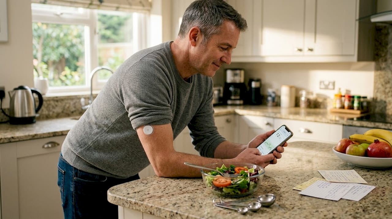 Man reviews CGM data before meal prep