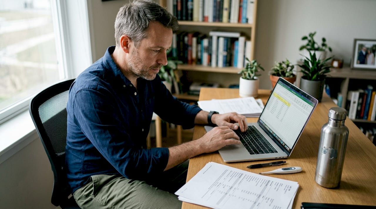 Man entering lab results on laptop at desk