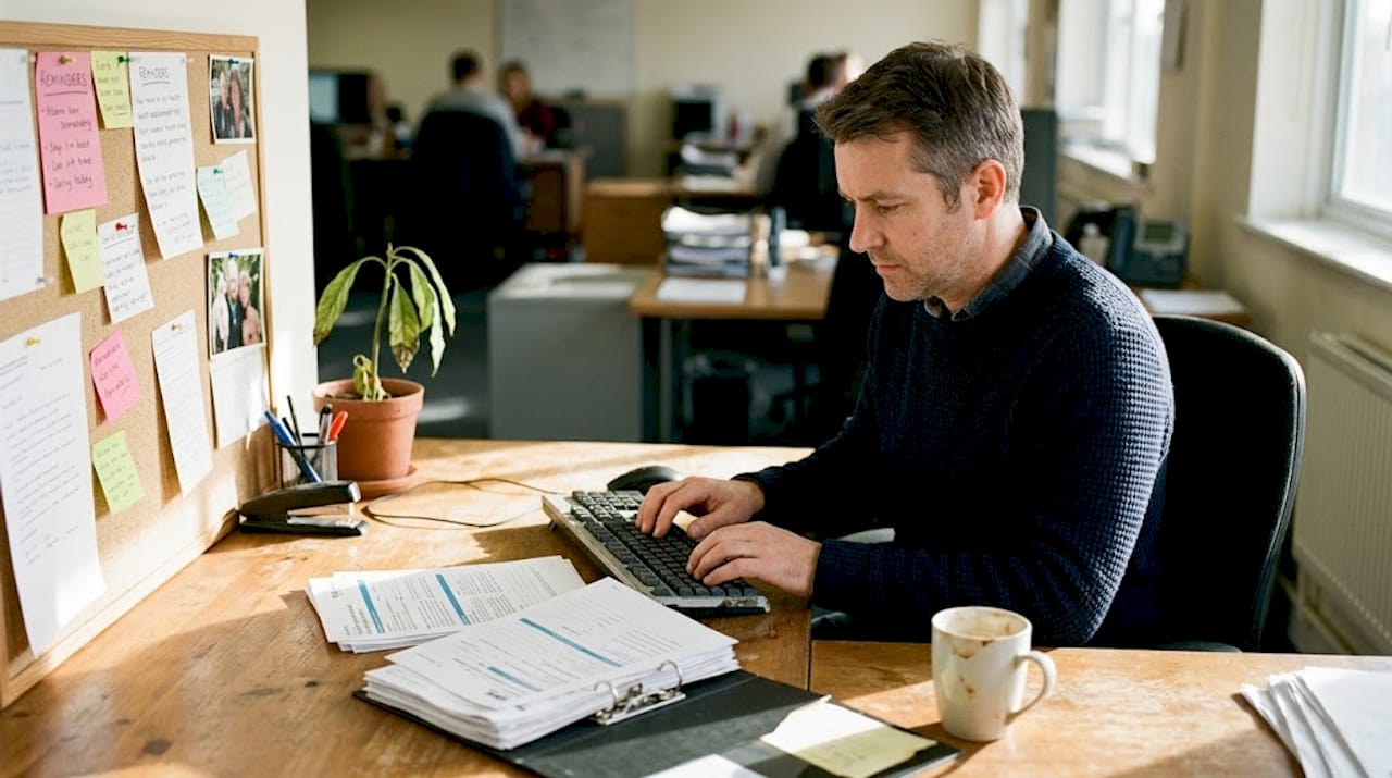 Manager reviewing health assessment paperwork at desk