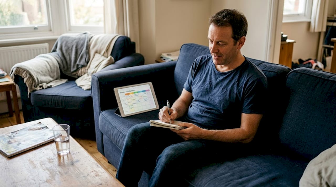 Man making daily health notes in living room