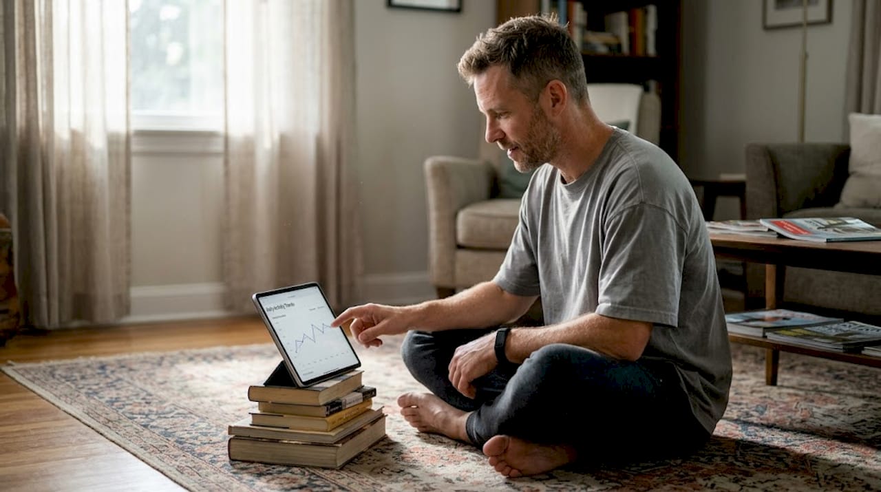 Man examining fitness trends tablet living room