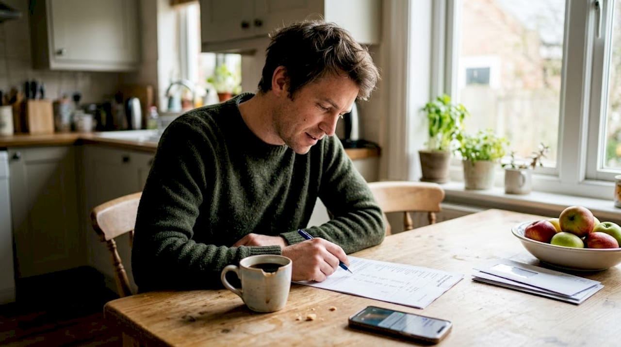 Man reviews bloodwork at kitchen table
