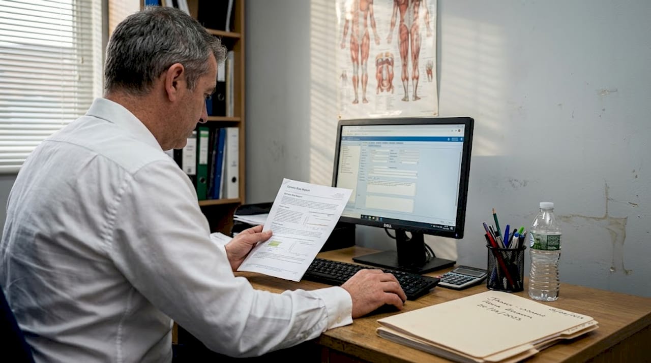Clinician reviewing genetic risk report in office