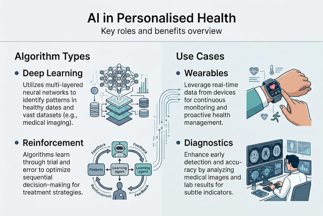 Infographic on AI health algorithm types and uses