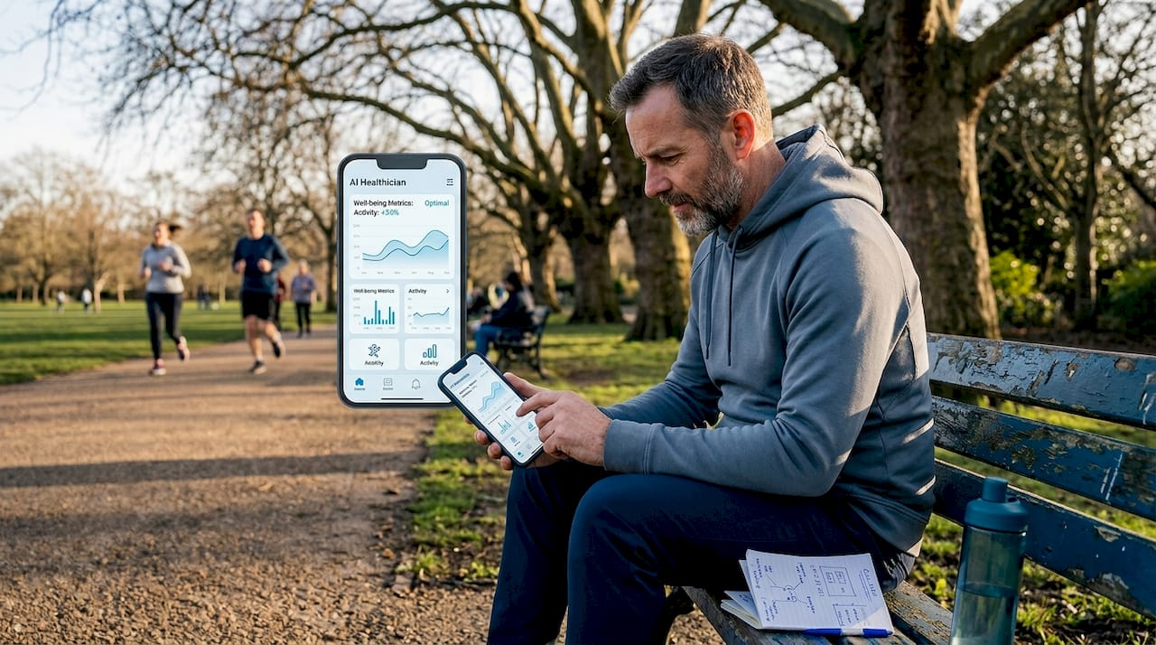 Man checking wellness metrics outdoors