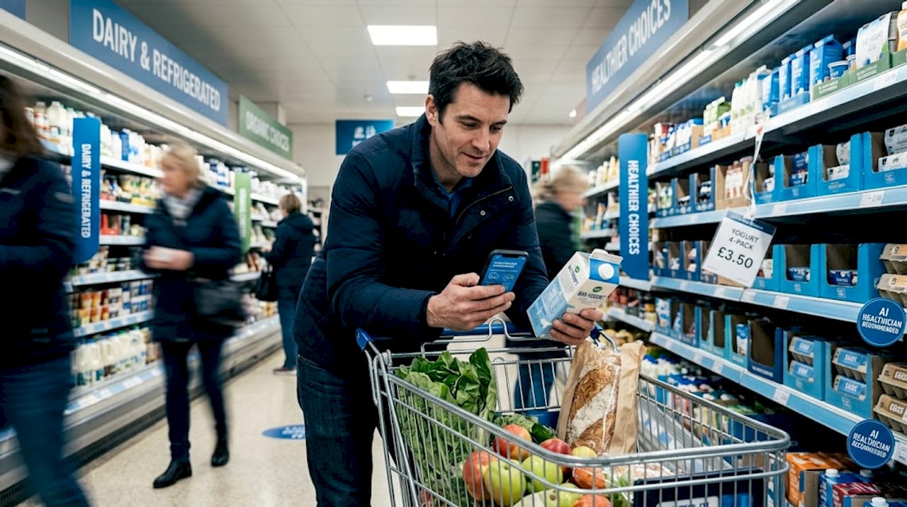 Man checks food health score in grocery aisle