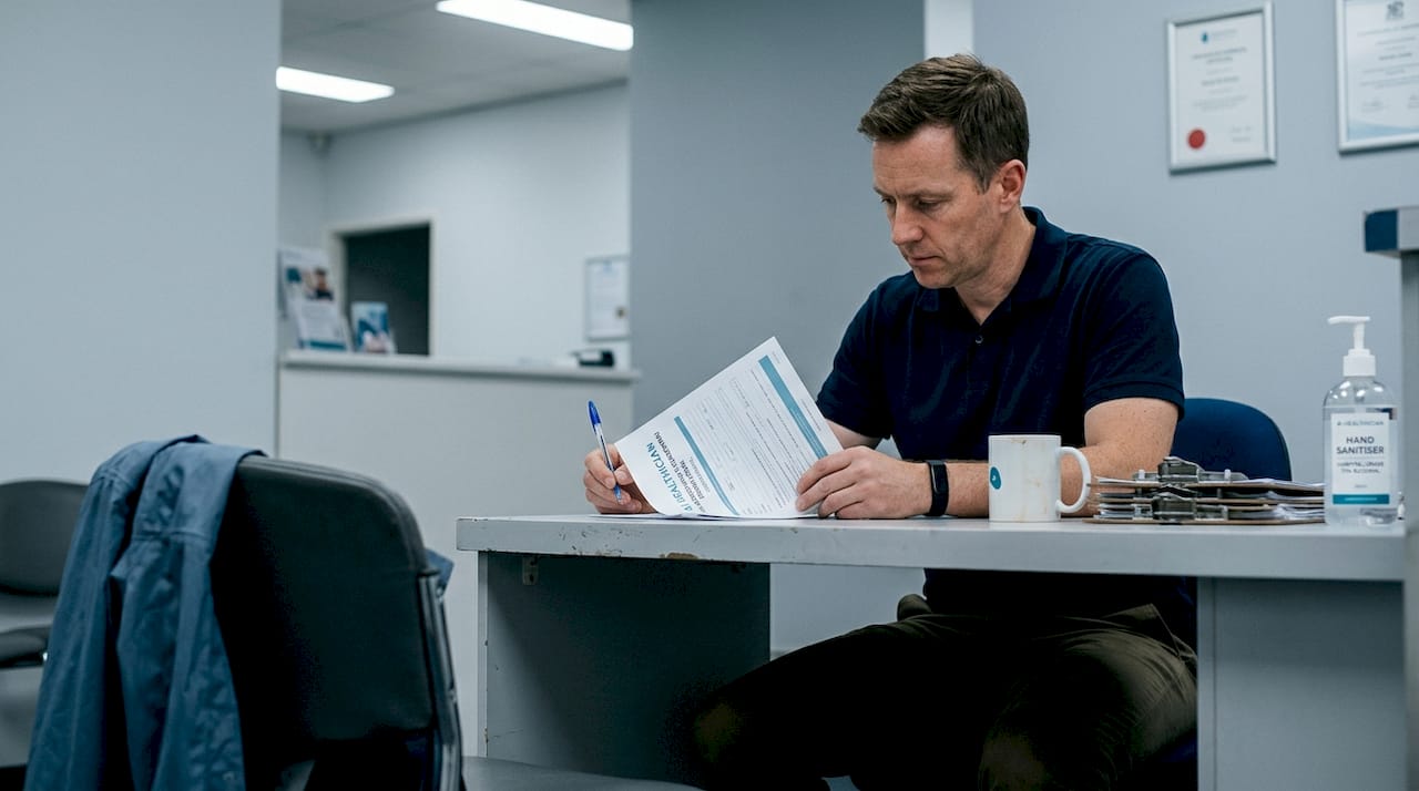 Technician completes safety screening paperwork