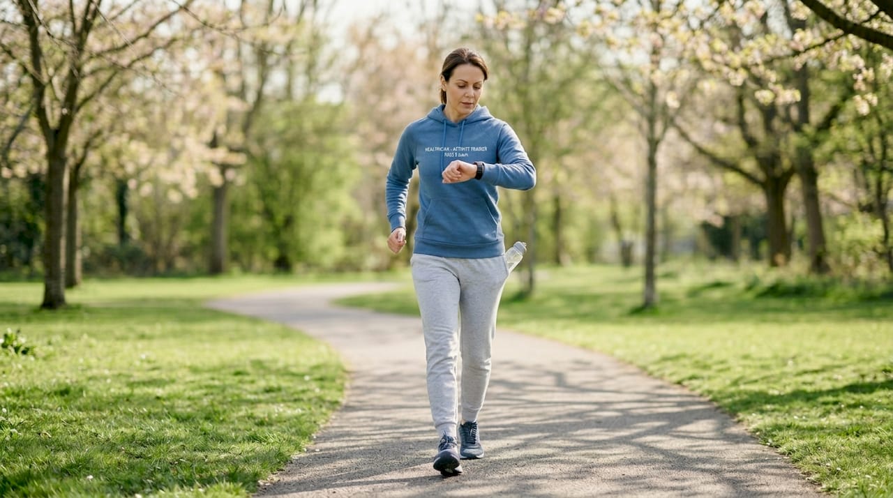 Woman walking while checking exercise data