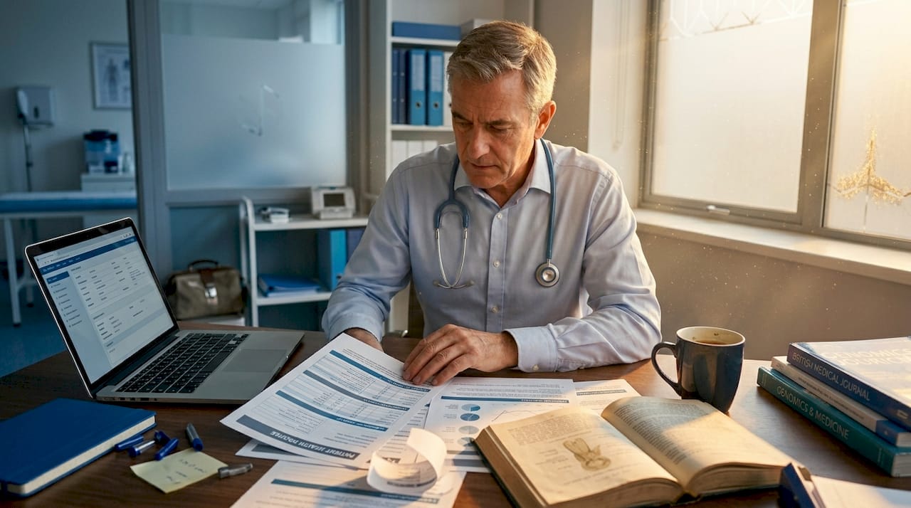 Physician reviewing detailed patient profile in clinic