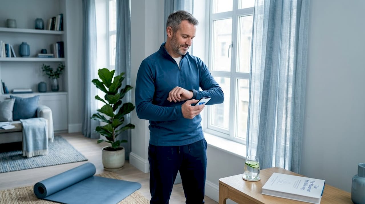 Man adjusting wearable and checking phone indoors