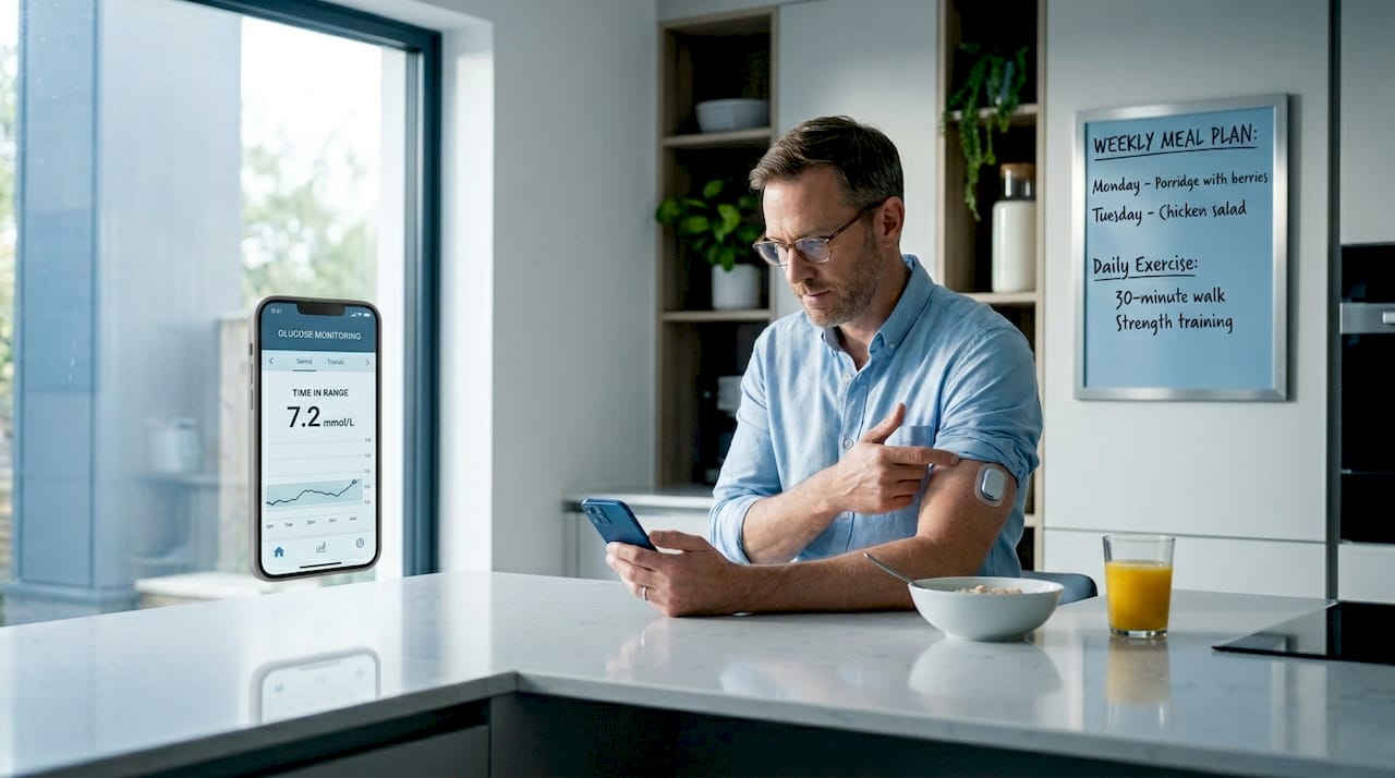 Man checking glucose monitor at kitchen table