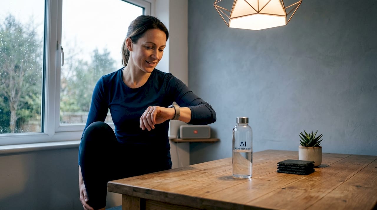 Woman stretching in cozy living room evening